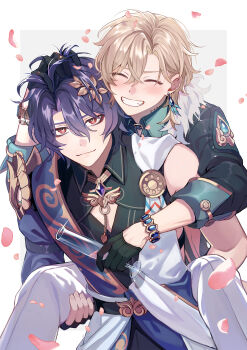 2boys ^_^ absurdres ancient_greek_clothes aqua_shirt armor aventurine_(honkai:_star_rail) belt black_belt black_gloves black_shirt blonde_hair blush border bracelet carrying champagne_flute cleavage_cutout closed_eyes closed_mouth clothing_cutout commentary_request crossed_bangs cup dr._ratio_(honkai:_star_rail) drinking_glass earrings eyeshadow falling_petals fingerless_gloves fur-trimmed_jacket fur_trim gem gloves gold_ring gold_trim greco-roman_clothes grey_background grin hair_between_eyes hair_ornament half_gloves hand_on_another&#039;s_head hand_up highres holding holding_cup honkai:_star_rail honkai_(series) jacket jewelry looking_at_viewer makeup male_focus multicolored_eyes multiple_boys neck_tattoo outside_border pants parted_bangs pauldrons petals piggyback purple_gemstone purple_hair red_eyes red_eyeshadow ring shirt short_hair shoulder_armor single_earring single_pauldron sleeve_cuffs sleeveless sleeveless_shirt smile standing tattoo teeth three-quarter_sleeves two-tone_eyes watch white_border white_pants wristwatch yellow_eyes yurugi_(yurugi_h)