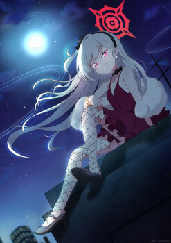 1girl :d arm_at_side backlighting bare_shoulders black_bow black_bowtie black_choker black_hairband black_shoes blue_archive bow bowtie bracelet breasts choker commentary_request dress dutch_angle earrings fishnet_pantyhose fishnets floating_hair frilled_dress frills from_below full_body full_moon fur_shawl glint grey_hair grin hair_behind_ear hairband halo hand_on_own_knee highres ice_night328 jewelry knee_up long_hair looking_at_viewer mary_janes moon moonlight multiple_bracelets mutsuki_(blue_archive) mutsuki_(dress)_(blue_archive) night official_alternate_costume official_alternate_hairstyle open_mouth outdoors pantyhose pink_eyes pointy_ears red_dress red_halo ring_of_light_(blue_archive) shawl shoe_soles shoes short_dress sitting sky sleeveless sleeveless_dress slit_pupils small_breasts smile solo star_(sky) starry_sky twitter_username very_long_hair wind