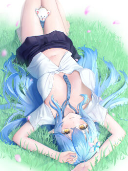 1girl :q ahoge alternate_costume arms_up barefoot between_thighs blue_hair blue_necktie blue_skirt breasts collared_shirt commentary_request crossed_bangs daifuku_(yukihana_lamy) double-parted_bangs falling_petals flower from_above glass hair_between_eyes hair_flower hair_ornament heart heart_ahoge highres hololive knees_up large_breasts long_hair looking_at_viewer lying miniskirt multicolored_hair navel necktie on_back on_ground outdoors partial_commentary partially_unbuttoned petals pleated_skirt pointy_ears seriponpoyon shirt short_sleeves skirt solo stomach streaked_hair tongue tongue_out upside-down very_long_hair virtual_youtuber white_shirt yellow_eyes yukihana_lamy