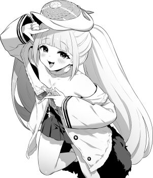 1girl azur_lane azur_lane:_slow_ahead blunt_bangs blush breasts cleavage dmitri_donskoi_(azur_lane) fang finger_frame greyscale hat highres hori_(hori_no_su) long_hair looking_at_viewer monochrome official_art open_mouth pantyhose parka peaked_cap simple_background skirt small_breasts solo twintails white_background