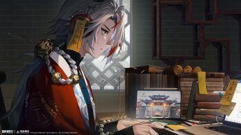 1boy absurdres apple_pencil bamboo_slips bead_bracelet beads black_skirt book book_stack bracelet brick_wall closed_mouth coat computer computer_keyboard copyright_name copyright_notice facial_mark forehead_mark from_side headphones highres indoors ipad jewelry laptop lattice logo long_hair low_ponytail male_focus official_art official_wallpaper ofuda ponytail profile red_coat shelf skirt solo sticky_note tablet_pc typing upper_body window wutong_(xinyue_tongxing) xinyue_tongxing yellow_eyes