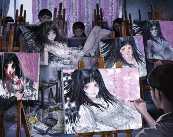 1boy 3others 4girls absurdly_detailed_composition absurdres art_brush art_room ashtray bag banknote bead_necklace beads blister_pack bottle bra breasts brown_eyes can canvas_(object) character_request cigarette closed_mouth commentary_request computer copyright_request curtains dress easel emaciated fat glasses hair_spread_out highres ikuta41 indoors instant_cup_noodles jewelry laptop loaded_interior long_hair long_sleeves looking_at_viewer lying modeling money multiple_girls multiple_others necklace nissin_cup_noodle on_back paintbrush painting_(action) painting_(object) panties pill plastic_bag puffy_long_sleeves puffy_sleeves scar self-harm_scar small_breasts straight_hair strap_slip table underwear underwear_only white_bra white_dress white_panties