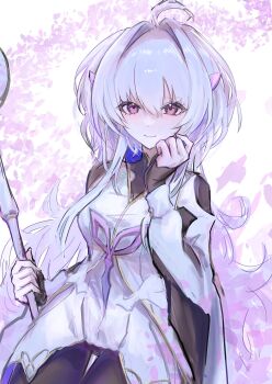 1girl ahoge black_pantyhose commentary dress fate/prototype fate_(series) highres holding holding_staff long_hair looking_at_viewer mage_staff merlin_(fate/prototype) pantyhose pink_eyes rami_(zwndu0) solo staff symbol-only_commentary very_long_hair white_dress white_hair