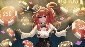 1girl armband black_armband black_bow black_bowtie black_gloves black_shorts bow bowtie breasts cleavage commission cowboy_shot daiya_fortuna gloves grey_eyes hair_ornament hairclip hat heterochromia highres large_breasts long_sleeves looking_at_viewer mini_hat mrc2023777 pixellink poker_chip red_eyes red_hair shirt shirt_tucked_in shorts side_ponytail smile solo suspenders top_hat virtual_youtuber white_shirt