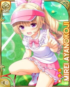 Rule 34 | 1girl, angry, ayanokoji mirei, ball, blonde hair, blouse, bow, card, character name, curly hair, dress, drill hair, female focus, frilled dress, frilled skirt, frills, girlfriend (kari), hair ornament, holding, kneeling, long hair, official art, open mouth, ouju, outdoors, pink bow, pink skirt, pointing, pointing at viewer, purple eyes, qp:flapper, racket, ringlets, shirt, shoes, skirt, solo, sportswear, tagme, tennis ball, tennis court, tennis racket, tennis uniform, very long hair, white legwear, white shirt