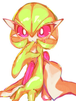 Rule 34 | 1girl, all fours, blush, bob cut, bright pupils, closed mouth, colored skin, expressionless, female focus, finger to mouth, gardevoir, gen 3 pokemon, green hair, green skin, hair between eyes, hand up, highres, light blush, looking at viewer, multicolored skin, nintendo, pokemon, pokemon (creature), red eyes, short hair, simple background, solo, two-tone skin, white background, white pupils, white skin, yamiochi house dust