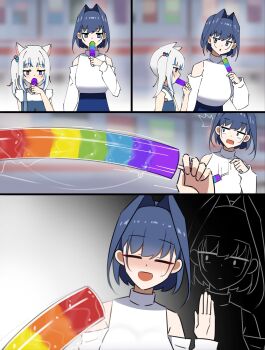 2girls animal_ears bare_shoulders blue_eyes blue_hair blue_skirt blush breasts cat_ears closed_eyes deepthroat dotonburi false_smile fellatio food food_in_mouth gawr_gura gawr_gura_(casual) hair_intakes hair_ornament highres holding holding_food holding_popsicle hololive hololive_english kemonomimi_mode loli long_sleeves multicolored_hair multiple_girls official_alternate_costume open_mouth oral ouro_kronii ouro_kronii_(casual) popsicle popsicle_in_mouth rainbow_order saliva sexually_suggestive shirt simulated_fellatio skirt smile streaked_hair surprised sweatdrop turtleneck virtual_youtuber white_hair white_shirt
