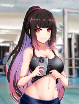 1girl bare_shoulders black_tank_top blue_pants blurry blurry_background breasts brown_hair cellphone closed_mouth clothes_lift collarbone colored_inner_hair eyelashes female_focus gym indie_virtual_youtuber indoors large_breasts lifting_own_clothes long_hair looking_at_viewer midriff multicolored_hair navel orange_eyes pants phone pink_hair ponytail selfie shirt_lift slash-ex smartphone smile solo standing tank_top two-tone_hair upper_body virtual_youtuber yomeguri_hana