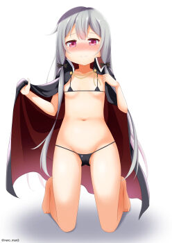 1girl artist_name bare_arms bare_legs barefoot bikini black_bikini black_bow black_cape blush bow cape cleft_of_venus closed_mouth clothes_grab embarrassed female_focus full_body grey_hair hair_bow hand_up highres kneeling loli long_hair looking_at_viewer micro_bikini nero_(starlightbrakerexfb) red_cape red_eyes shadow simple_background solo sophie_twilight swimsuit tonari_no_kyuuketsuki-san two-tone_cape vampire white_background