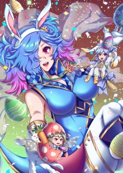 1girl 2boys animal_ears arm_up blonde_hair blue_hair carrot chibi chrom_(fire_emblem) chrom_(spring_exalt)_(fire_emblem) circlet easter_egg egg fake_animal_ears fire_emblem fire_emblem_fates fire_emblem_heroes gloves gradient_hair grey_hair hair_over_one_eye laslow_(fire_emblem) long_sleeves multicolored_hair multiple_boys nintendo open_mouth peri_(fire_emblem) pink_hair rabbit_ears red_eyes roman_s short_hair sleeveless twintails white_gloves xander_(fire_emblem) xander_(spring_prince)_(fire_emblem)