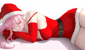1girl belt black_belt blunt_bangs breasts cleavage closed_eyes closed_mouth commentary dress elbow_gloves english_commentary fur-trimmed_dress fur-trimmed_headwear fur_trim gloves hat highres hololive hololive_english large_breasts long_hair lying mori_calliope okoge_lab pink_hair red_dress red_gloves red_hat santa_costume santa_dress santa_hat short_dress sidelocks simple_background sleeping sleeveless sleeveless_dress solo virtual_youtuber white_background