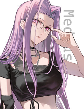 1girl black_shirt breasts character_name commentary fate/stay_night fate_(series) glasses highres long_hair looking_at_viewer medium_breasts medusa_(fate) medusa_(rider)_(fate) poppoman purple_eyes purple_hair shirt short_sleeves sidelocks solo symbol-only_commentary