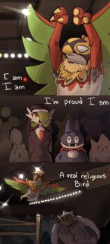 1girl 2boys 3koma arms_at_sides arms_up bdsans bird_boy black_dress black_eyes black_veil bob_cut body_fur bonsly breasts cape claws closed_mouth clothed_pokemon comic dress english_text extra_arms fangs gardevoir gen_1_pokemon gen_2_pokemon gen_3_pokemon gen_4_pokemon gen_6_pokemon green_hair hair_over_one_eye happiny hawlucha highres igglybuff indoors jumping long_sleeves looking_up luchador_mask machamp mask mega_hawlucha mega_pokemon multiple_boys multiple_views munchlax muscular muscular_male nacho_libre neck_fur nintendo nun one_eye_covered open_mouth outstretched_arms pichu pokemon red_cape red_eyes red_fur short_hair small_breasts spread_arms surprised togepi two-tone_fur tyrogue veil white_fur winged_arms wings wrestling_ring