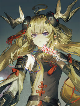 1girl ahoge arknights bare_shoulders black_dress blonde_hair breasts chibi_(shimon) closed_mouth commentary_request detached_sleeves dragon_horns dress eastern_dragon_horns electricity gloves hair_rings holding holding_ofuda horn_ornament horns leizi_(arknights) leizi_the_thunderbringer_(arknights) long_hair long_sleeves ofuda pointy_ears purple_eyes serious sidelocks sleeveless sleeveless_dress small_breasts solo tassel_necklace upper_body vambraces white_gloves