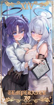 2girls :q absurdres bare_shoulders black_bra black_gloves black_halo black_pantyhose black_skirt blue_archive blue_eyes blue_sky blush bra breast_press breasts button_gap buttons card_(medium) chinese_commentary cleavage clipboard cloud collared_shirt commentary_request covered_navel day dress elbow_gloves glint gloves hair_between_eyes hair_ornament halo hand_on_another&#039;s_back hand_on_another&#039;s_waist hand_up headgear highres holding holding_clipboard indoors large_breasts licking_lips long_hair long_sleeves looking_at_viewer mechanical_halo millennium_science_school_logo multiple_girls noa_(blue_archive) open_mouth pantyhose pleated_skirt purple_eyes purple_hair roman_numeral see-through_clothes see-through_shirt shirt shirt_tucked_in sidelocks skirt sky standing symmetrical_docking tarot tarot_(medium) temperance_(tarot) thighband_pantyhose tongue tongue_out triangle_hair_ornament two_side_up underwear very_long_hair white_dress white_hair white_halo white_shirt white_wrist_cuffs window wrist_cuffs yangyu_tudou_vv yuuka_(blue_archive)