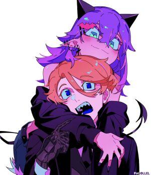 1boy 1girl artist_name bare_shoulders bat_hair_ornament black_gloves black_horns black_jacket black_mouth black_nails black_necktie black_tail black_vest blue_eyes blue_tongue blush closed_mouth colored_tongue commentary cowboy_shot cross cross_earrings crossed_bangs demon_girl demon_horns demon_tail denim denim_shorts ear_piercing earrings elliot_(par0llel) english_commentary gloves green_eyes hair_behind_ear hair_between_eyes hair_down hair_ornament highres horns hug hug_from_behind index_finger_raised jacket jewelry long_hair long_sleeves looking_at_another looking_at_viewer looking_down nail_polish necktie open_mouth orange_hair original par0llel piercing purple_hair sharp_teeth short_hair shorts simple_background smile spiked_ear_piercing square_eyes tail teeth tongue tora_(par0llel) upper_body vest white_background