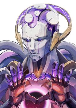 1boy heart heart_hands highres hinagi_kei hole_in_chest hole_on_body honkai:_star_rail honkai_(series) humanoid_robot joints looking_at_viewer lygus_(honkai:_star_rail) male_focus purple_eyes robot robot_joints solo