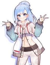 Rule 34 | 1girl, blue eyes, blue hair, blush, closed mouth, double v, highres, hololive, hololive indonesia, hood, hoodie, jacket, kobo kanaeru, kobo kanaeru (1st costume), long hair, looking at viewer, ma draws, multicolored hair, navel, smile, solo, two-tone hair, v, virtual youtuber, white hair