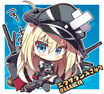 1girl :&lt; absurdres akaneya arms_under_breasts bandaid bandaid_on_head bismarck_(kancolle) black_panties blonde_hair blue_eyes blush breasts brown_gloves chibi closed_mouth crossed_arms crossed_bandaids elbow_gloves gloves hair_between_eyes hat highres kantai_collection large_breasts long_hair military military_uniform panties peaked_cap rigging second-party_source solo squiggle sweat thighhighs twitter_username underwear very_long_hair