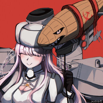 1girl aircraft breasts closed_eyes command_&amp;_conquer command_&amp;_conquer:_red_alert command_&amp;_conquer:_red_alert_2 command_&amp;_conquer:_red_alert_3 dirigible dress fur_hat hammer_and_sickle hat highres kantai_collection kirov_(kancolle) kirov_airship large_breasts long_hair lsnsn name_connection pink_hair red_background smile very_long_hair white_dress white_hat