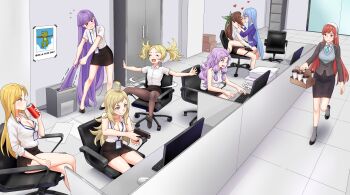6+girls absurdres ahoge aqua_necktie azura_(fire_emblem) badge black_skirt blonde_hair box cabinet can cardboard_box chair cherche_(fire_emblem) clarisse_(fire_emblem) coffee collared_shirt commission commissioner_upload computer_mouse cubicle door drink drink_can file_cabinet fire_emblem fire_emblem:_new_mystery_of_the_emblem fire_emblem:_the_binding_blade fire_emblem:_the_blazing_blade fire_emblem_awakening fire_emblem_fates florina_(fire_emblem) frog grey_eyes gun handgun headdress heart high_ponytail highres holding holding_drink holding_gun holding_weapon jacket kagero_(fire_emblem) kagero_(resplendent)_(fire_emblem) kiss lanyard lissa_(fire_emblem) long_hair monitor motion_lines multiple_girls necktie nintendo non-web_source office office_chair office_lady open_clothes open_jacket ophelia_(fire_emblem) paper_shredder paper_stack ponytail poster_(object) purple_hair redkite333 shirt sitting sitting_on_person skirt soda_can sophia_(fire_emblem) straddling sweater_vest swivel_chair tape twintails upright_straddle very_long_hair weapon white_shirt yuri