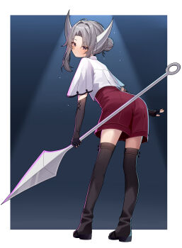 1girl absurdres adapted_costume alternate_costume alternate_eye_color ass ass_focus boots cloak commission commissioner_upload crop_top elbow_gloves eyelashes fingerless_gloves from_behind full_body gloves hair_bun high-waist_shorts highres holding holding_polearm holding_weapon hollow_knight hollow_knight:_silksong hornet_(hollow_knight) horns humanization long_bangs long_hair long_sidelocks looking_at_viewer non-web_source petite pink_eyes polearm short_sleeves shorts sidelocks simple_background solo thigh_boots thighs wayanfa weapon white_hair