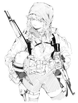Rule 34 | absurdres, ak-47, assault rifle, borrowed character, commentary request, curly hair, gun, helmet, highres, kalashnikov rifle, korean commentary, lightningace, looking at viewer, magazine (weapon), military, original, rifle, tactical clothes, turning head, weapon