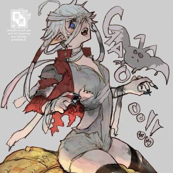 1girl ahoge alisaie_leveilleur bandaged_hand bandaged_neck bandaged_torso bandages bat_(animal) black_thighhighs blue_eyes breasts claws cowboy_shot earrings elezen elf final_fantasy final_fantasy_xiv grey_background grey_hair grey_leotard hair_over_one_eye halloween_costume jacket jewelry leotard medium_breasts mummy_costume open_mouth pointy_ears red_jacket short_hair_with_long_locks sitting solo thighhighs thighs torn_clothes zerou_pan
