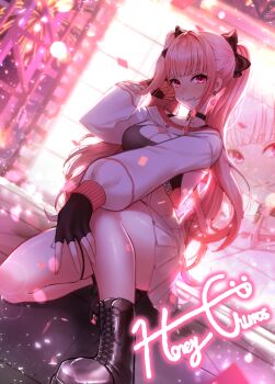 absurdres black_choker black_ribbon blush boots breasts choker cleavage commentary_request crop_top cropped_jacket dutch_angle dynamic_pose fingerless_gloves fireworks gloves hair_lift hair_ribbon highres honey_churros korean_commentary large_breasts long_hair long_sleeves on_one_knee pink_background pink_eyes pink_hair project_[i] ribbon rpg2000 seductive_smile skirt smile stage twintails virtual_youtuber