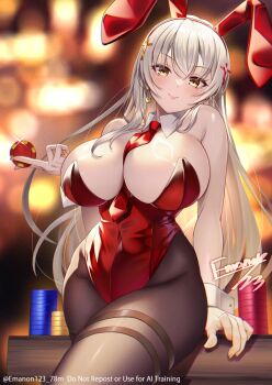 1girl animal_ear_hairband animal_ears between_breasts black_pantyhose breasts commission cowboy_shot detached_collar emanon123 fake_animal_ears grey_hair hairband highres large_breasts leotard long_hair necktie necktie_between_breasts orange_eyes original pantyhose playboy_bunny poker_chip rabbit_ears red_leotard red_necktie skeb_commission solo strapless strapless_leotard thighband_pantyhose twitter_username wrist_cuffs