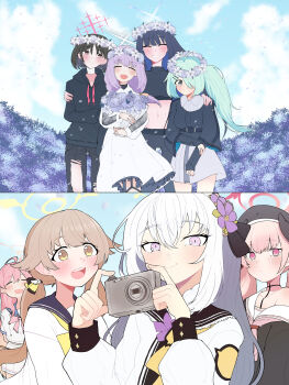 Rule 34 | 6+girls, absurdres, ahoge, aqua hair, arius squad (blue archive), atsuko (blue archive), azusa (blue archive), bandaged neck, bandages, beret, black hair, blue archive, bouquet, brown hair, camera, denim, dress, flower, grey hair, hair flower, hair ornament, hair over one eye, halo, hanako (blue archive), hat, head wings, head wreath, hifumi (blue archive), highres, hiyori (blue archive), holding, holding bouquet, hood, hoodie, jeans, koharu (blue archive), long hair, make-up work club (blue archive), manmaderain, midriff, misaki (blue archive), multiple girls, navel, pants, pink hair, purple hair, saori (blue archive), side ponytail, smile, torn clothes, torn jeans, torn pants, white dress, wings