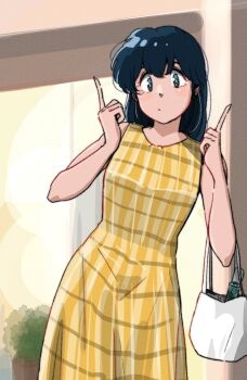 1girl against_window blue_eyes blue_hair dress hands_up highres maison_ikkoku otonashi_kyouko pointing pointing_up poppowerhearts solo square_print window yellow_dress