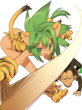 1girl animal_ears animal_hands animal_print ass blade_(galaxist) boomerang cat_ears cat_tail cham_cham gloves green_eyes green_hair hair_ornament highres loli long_hair monkey no_panties paku_paku paw_gloves paw_shoes queen's_blade queen's_gate samurai_spirits shoes simple_background snk sphere_hair_ornament tail tiger_print white_background