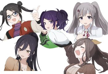 5girls black_hair blue_eyes bow bowtie brown_eyes brown_hair collared_shirt grey_hair highres honeirehashi idolmaster idolmaster_shiny_colors jacket jacket_partially_removed jewelry l'antica_(idolmaster) long_hair mitsumine_yuika multiple_girls necklace off_shoulder open_mouth ponytail purple_eyes purple_hair shirase_sakuya shirt smile tanaka_mamimi tsukioka_kogane turtleneck twintails white_background yellow_eyes yukoku_kiriko