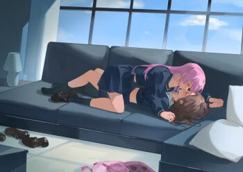 2girls artist_request bang_dream! bang_dream!_it's_mygo!!!!! black_socks blue_shirt blue_skirt chihaya_anon chinese_commentary commentary_request commission couch cushion indoors kiss long_hair long_sleeves lying midriff multiple_girls nagasaki_soyo navel no_shoes on_back pink_hair school_uniform second-party_source shirt shoes skirt socks tsukinomori_school_uniform unworn_shoes yuri