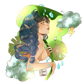 1girl 2021 blue_hair braid breasts brown_lips chai_rae cloud commentary cropped_torso derivative_work draw_this_in_your_style_challenge english_commentary from_side hair_tie highres holding holding_plant lightning medium_breasts mole mole_under_eye mole_under_mouth multiple_moles no_nipples nude original plant pointy_ears rain signature solo thunder upper_body water_drop yellow_eyes