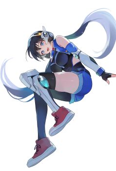 1girl :d absurdres bare_shoulders black_bodysuit black_gloves black_hair black_pantyhose black_thighhighs blue_eyes blue_hair blue_shorts bodysuit commentary_request fingerless_gloves full_body gloves gradient_hair highres mechanical_legs multicolored_hair multicolored_shoes nbee_ya open_mouth original pantyhose red_shoes shoes short_shorts shorts simple_background single_leg_pantyhose single_mechanical_leg single_thighhigh smile solo teeth thighhighs two-tone_shoes upper_teeth_only white_background white_hair white_shoes