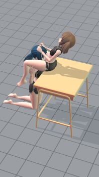 2girls 3d artist_request barefoot black_bra black_shorts black_sports_bra blue_hair bra brown_hair character_request copyright_request cunnilingus cunnilingus_through_clothes desk easyposer from_above from_side hand_on_another's_head highres leaning_back midriff multiple_girls on_desk oral ponytail school_swimsuit shadow short_shorts shorts sitting source_request sports_bra swimsuit thigh_grab tile_floor tiles twintails underwear yellow_eyes yuri