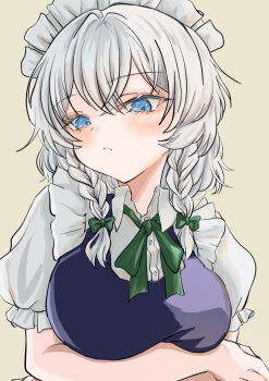 0917yuka 1girl absurdres arm_under_breasts blue_dress blue_eyes blush bow braid braided_sidelock breasts commentary dress frilled_sleeves frills green_bow green_ribbon grey_hair hair_bow highres izayoi_sakuya looking_down maid_headdress medium_breasts neck_ribbon puffy_short_sleeves puffy_sleeves ribbon shirt short_sleeves simple_background solo teeth touhou twin_braids upper_body upper_teeth_only white_shirt