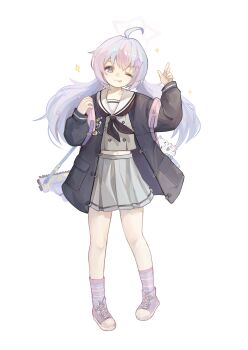 Rule 34 | + +, 1girl, ;3, ;q, absurdres, ahoge, backpack, bag, black jacket, black neckerchief, blue archive, blue hair, blue socks, blush, chinese commentary, closed mouth, collarbone, commentary request, full body, grey serafuku, grey shirt, grey skirt, gun, gun sling, hair ornament, halo, hanchansiqingyun, hands up, head tilt, highres, jacket, long hair, looking at viewer, midriff, multicolored hair, multicolored socks, neckerchief, one eye closed, open clothes, open jacket, pink hair, pink halo, pink shoes, pink socks, pleated skirt, pocket, purple eyes, reisa (blue archive), sailor collar, school uniform, serafuku, shirt, shoes, simple background, skirt, smile, sneakers, socks, solo, sparkle, standard manufacturing dp-12, standing, star (symbol), star hair ornament, star halo, stuffed animal, stuffed cat, stuffed toy, tongue, tongue out, twintails, two-tone hair, weapon, white background, white sailor collar