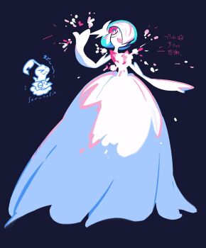 bayleef black_background bob_cut colored_skin dress gardevoir gen_2_pokemon gen_3_pokemon green_hair hair_over_one_eye highres mega_gardevoir mega_pokemon nintendo pink_eyes pokemon pokemon_(creature) simple_background smile usduvi white_dress white_skin