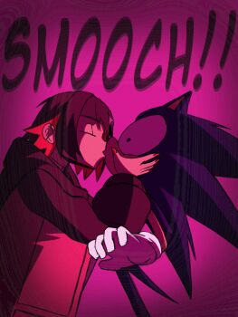 Rule 34 | 1boy, 1girl, assertive female, black hair, closed eyes, constricted pupils, crossover, ellen joe, english text, from side, gloves, hands on another's face, highres, kiss, legs, multicolored hair, red hair, sega, short hair, sonic (series), sonic the hedgehog, surprised, thighs, two-tone hair, wide-eyed, zenless zone zero