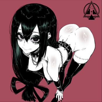 Rule 34 | arched back, artist logo, ass, asui tsuyu, bare legs, black choker, boku no hero academia, breasts, chain, choker, collar, commentary, dizzle, emo fashion, eyeliner, highres, leaning forward, logo, long hair, looking at viewer, makeup, nude, partially colored, perky breasts, red background, simple background, spiked collar, spikes, stitches