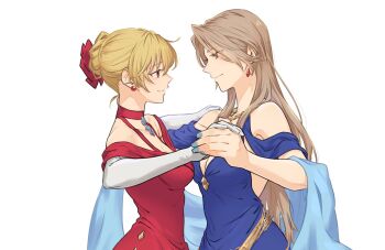 2girls blonde_hair blush breasts brown_hair cleavage collarbone couple dress earrings granblue_fantasy highres jewelry katalina_(granblue_fantasy) long_hair looking_at_another medium_breasts miso-ha_(ukyuu) multiple_girls red_eyes smile straight_hair strapless strapless_dress vira_(granblue_fantasy) yuri