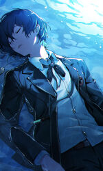 Rule 34 | 1boy, absurdres, black jacket, black ribbon, blue hair, closed eyes, collared shirt, commentary, dark blue hair, digital media player, facing to the side, gekkoukan high school uniform, hair between eyes, highres, jacket, kumo33, long sleeves, lying, lying on water, male focus, neck ribbon, on back, open clothes, open jacket, parted lips, partially submerged, persona, persona 3, persona 3 reload, ribbon, school uniform, shirt, short hair, solo, upper body, water, wet, white shirt, yuuki makoto (persona 3)