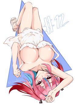 1girl absurdres armpit_crease blue_streaks blush breasts bright_pupils cleavage colored_inner_hair dress full_body hair_horns hair_ribbon hand_to_forehead highres kanan-sama_wa_akumade_choroi kanan_(kanan-sama) knees_up large_breasts looking_at_viewer lying multicolored_hair off_shoulder on_back pink_eyes pink_hair pointy_ears raised_eyebrows ribbon shoes simple_background slit_pupils smile smithforcegamer streaked_hair sundress twintails upside-down white_shoes writing