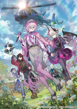 3boys 3girls aircraft antlers black_dress black_hands blue_sky blush breasts colored_extremities commentary_request crossed_bangs dante_alighieri_(fate) demon_girl demon_horns demon_wings dress earrings fate/grand_order fate_(series) flower green_eyes green_hair grey_hair hair_between_eyes hair_over_one_eye helicopter hitokoto horns indra_(fate) jewelry large_breasts lilith_(fate) long_hair looking_at_viewer louhi_(fate) mash_kyrielight medium_breasts multiple_boys multiple_girls official_art open_mouth pink_hair pointy_ears purple_dress purple_eyes short_hair sky small_breasts smile toudou_heisuke_(fate) twintails very_long_hair wings