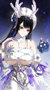 1girl absurdres alternate_costume antlers bare_shoulders black_hair black_horns blue_hair breasts cleavage collar colored_inner_hair commentary detached_sleeves english_commentary flower flower_knot fur-trimmed_sleeves fur-trimmed_tube_top fur_collar fur_hat fur_trim grin hair_ornament hand_up hat highres hololive hololive_english horn_flower horns jailbird_(nerissa_ravencroft) large_breasts looking_at_viewer mole mole_under_eye multicolored_hair nerissa_ravencroft night night_sky purple_eyes shooting_star sidelocks skirt sky slit_pupils smile solo strapless tassel tassel_hair_ornament thekaiyip tube_top underboob virtual_youtuber white_collar white_hat white_skirt white_tube_top