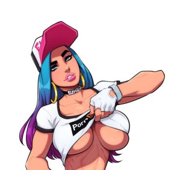 1girl baseball_cap basketball_hoop black_choker blue_eyes blue_hair breasts cherrymousestreet choker clothes_lift crop_top fanny_price_(cherrymousestreet) fingerless_gloves gloves gradient_hair hat large_breasts long_hair looking_at_viewer multicolored_hair nail_polish original pink_hair pink_hat pornhub shirt shirt_lift short_sleeves simple_background solo two-tone_hair two-tone_hat upper_body white_background white_gloves white_hat white_shirt