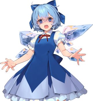 1girl angry back_bow blue_bow blue_dress blue_hair bow cirno collared_shirt detached_wings dress eho_(icbm) game_cg hair_bow ice ice_wings labyrinth_of_touhou_(series) labyrinth_of_touhou_tri looking_at_viewer neck_ribbon non-web_source official_art open_mouth pinafore_dress possessed puffy_short_sleeves puffy_sleeves red_ribbon ribbon shirt short_hair short_sleeves sleeveless sleeveless_dress smile solo teeth touhou transparent_background upper_teeth_only white_shirt wings